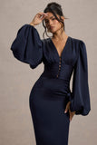 Helsinki Navy Satin V-Neck Balloon Sleeve Maxi Dress