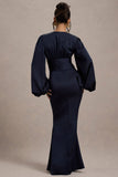 Helsinki Navy Satin V-Neck Balloon Sleeve Maxi Dress