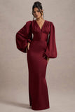 Helsinki Berry Satin V-Neck Balloon Sleeve Maxi Dress