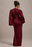Helsinki Berry Satin V-Neck Balloon Sleeve Maxi Dress
