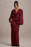 Helsinki Berry Satin V-Neck Balloon Sleeve Maxi Dress