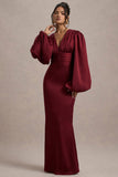 Helsinki Berry Satin V-Neck Balloon Sleeve Maxi Dress