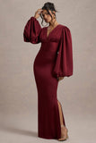 Helsinki Berry Satin V-Neck Balloon Sleeve Maxi Dress