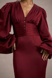 Helsinki Berry Satin V-Neck Balloon Sleeve Maxi Dress