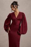 Helsinki Berry Satin V-Neck Balloon Sleeve Maxi Dress