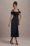 Sawyer Navy Satin Draped Midi Dress