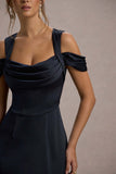 Sawyer Navy Satin Draped Midi Dress
