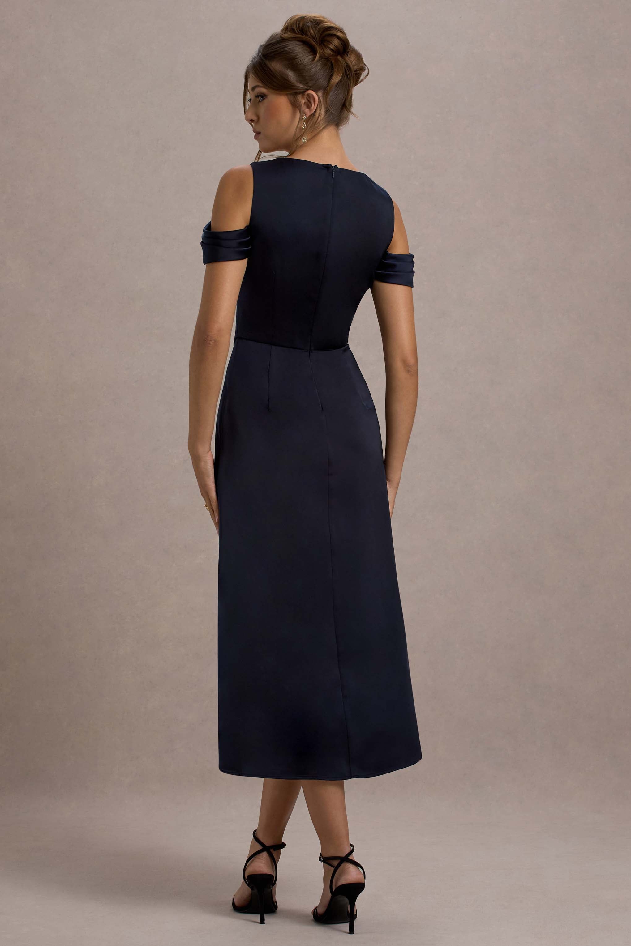 Sawyer Navy Satin Draped Midi Dress