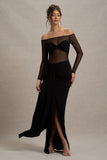 Cover Star Black Mesh Bardot Long-Sleeve Draped Maxi Dress