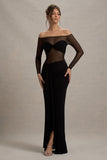 Cover Star Black Mesh Bardot Long-Sleeve Draped Maxi Dress