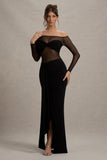 Cover Star Black Mesh Bardot Long-Sleeve Draped Maxi Dress