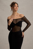 Cover Star Black Mesh Bardot Long-Sleeve Draped Maxi Dress