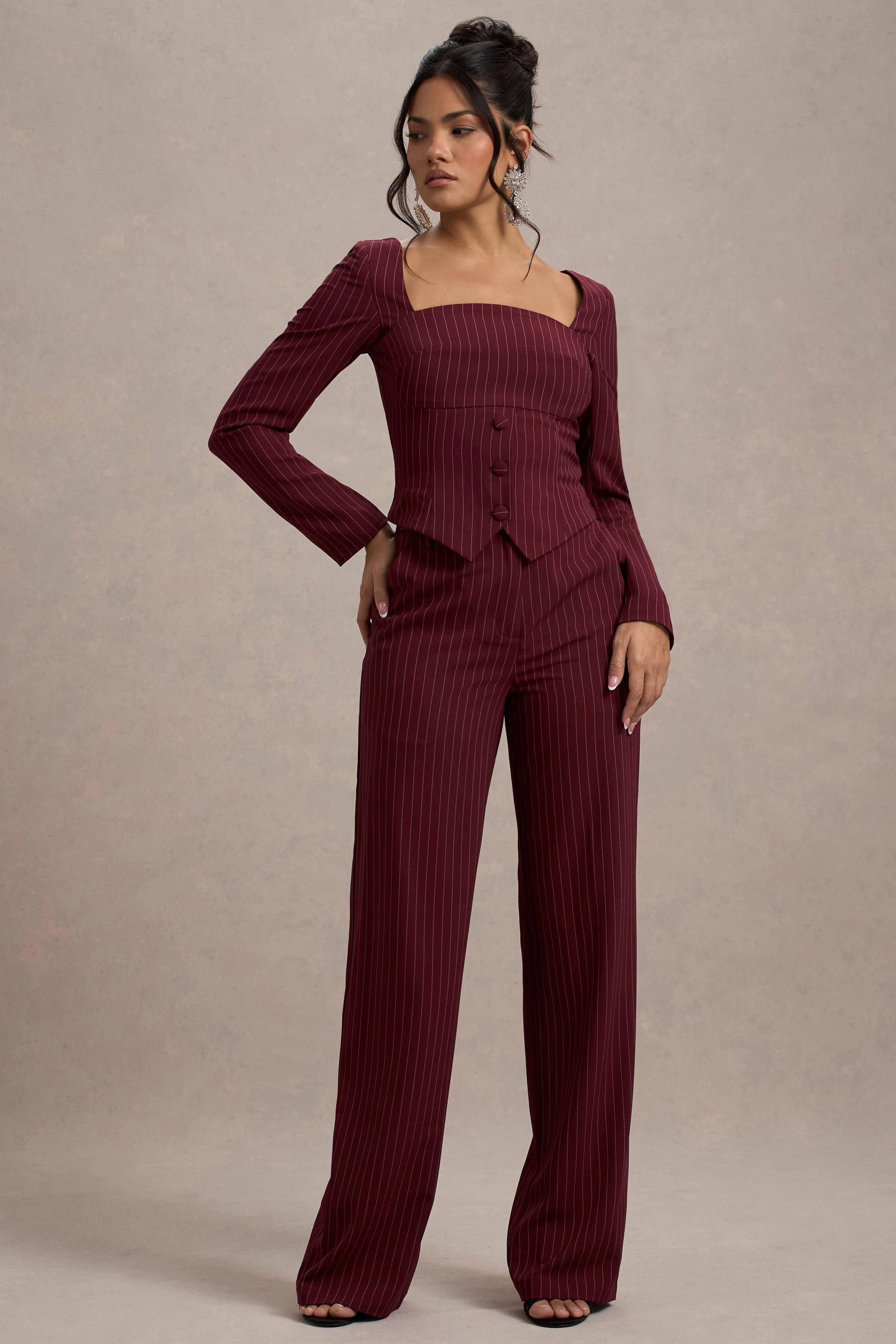 New York Wine Pinstripe Tailored Wide-Leg Trousers