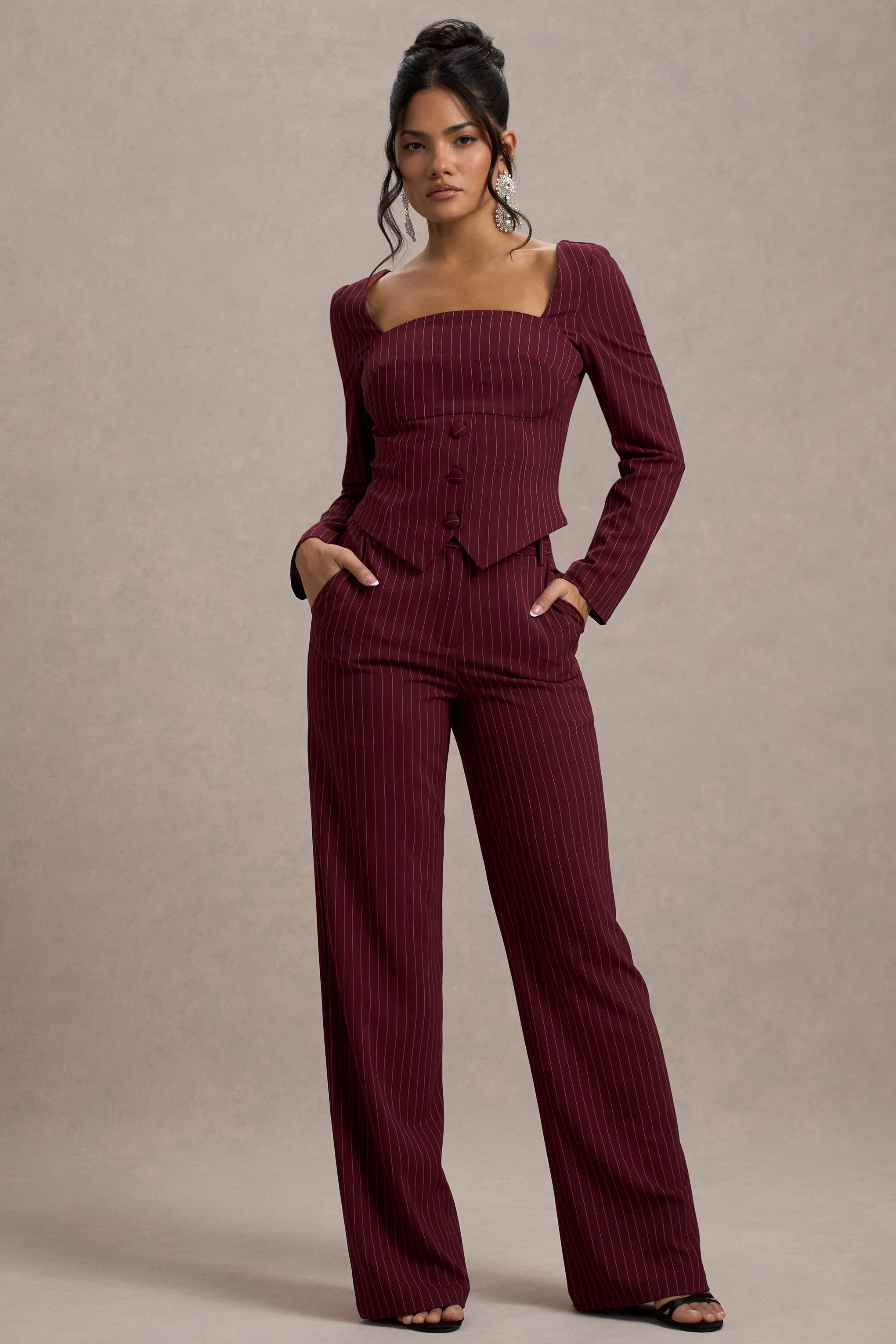 New York Wine Pinstripe Tailored Wide-Leg Trousers