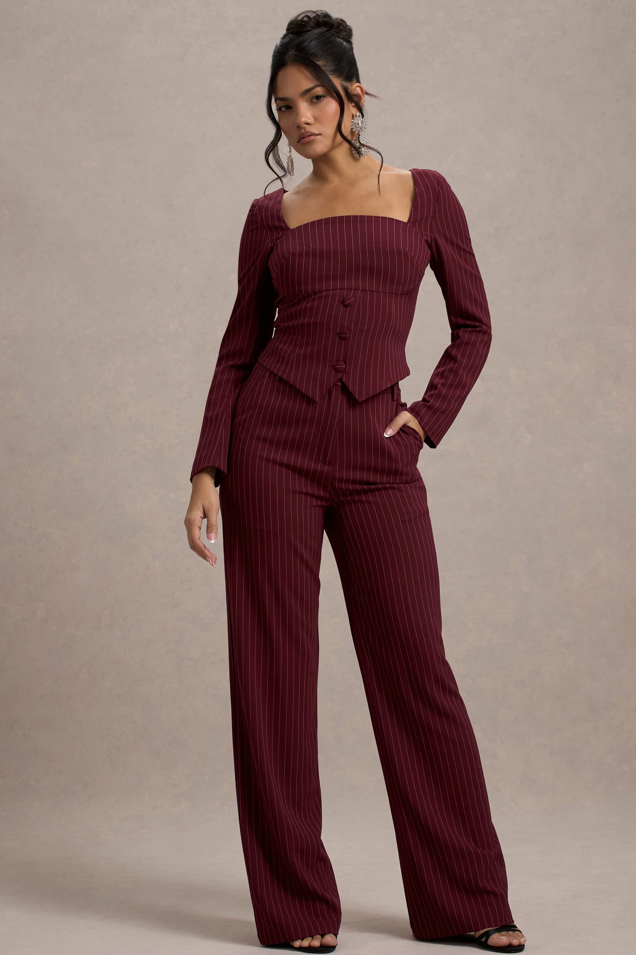 New York Wine Pinstripe Tailored Wide-Leg Trousers