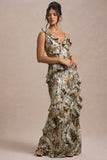 Wispy Snake Print Plunge-Neck Ruffled Maxi Dress