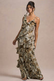 Wispy Snake Print Plunge-Neck Ruffled Maxi Dress