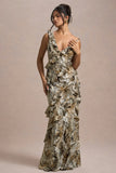 Wispy Snake Print Plunge-Neck Ruffled Maxi Dress