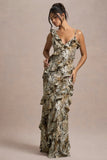 Wispy Snake Print Plunge-Neck Ruffled Maxi Dress