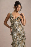 Wispy Snake Print Plunge-Neck Ruffled Maxi Dress