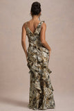 Wispy Snake Print Plunge-Neck Ruffled Maxi Dress