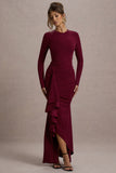 Alayna Berry Long-Sleeve Maxi Dress With Ruffled Split