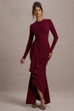 Alayna Berry Long-Sleeve Maxi Dress With Ruffled Split