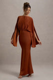 Zuzanna Rust Draped Maxi Dress With Cape Sleeves
