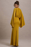 Zuzanna Mustard Draped Maxi Dress With Cape Sleeves