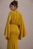 Zuzanna Mustard Draped Maxi Dress With Cape Sleeves