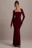 Maja Burgundy Square-Neck Long-Sleeve Maxi Dress