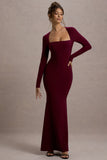 Maja Burgundy Square-Neck Long-Sleeve Maxi Dress