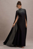 The Shallows Black Embellished High-Neck Maxi Dress With Chiffon Cape