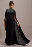 The Shallows Black Embellished High-Neck Maxi Dress With Chiffon Cape