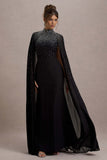The Shallows Black Embellished High-Neck Maxi Dress With Chiffon Cape
