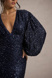 Kaelin Navy Sequin Plunge-Neck Maxi Dress