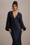 Kaelin Navy Sequin Plunge-Neck Maxi Dress