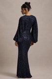 Kaelin Navy Sequin Plunge-Neck Maxi Dress