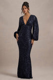 Kaelin Navy Sequin Plunge-Neck Maxi Dress