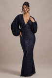 Kaelin Navy Sequin Plunge-Neck Maxi Dress