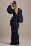 Kaelin Navy Sequin Plunge-Neck Maxi Dress