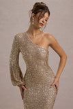 Aven Gold Sequin Asymmetric Puff-Sleeve Maxi Dress