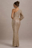 Aven Gold Sequin Asymmetric Puff-Sleeve Maxi Dress