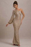 Aven Gold Sequin Asymmetric Puff-Sleeve Maxi Dress