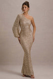 Aven Gold Sequin Asymmetric Puff-Sleeve Maxi Dress