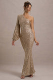 Aven Gold Sequin Asymmetric Puff-Sleeve Maxi Dress