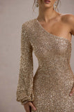 Aven Gold Sequin Asymmetric Puff-Sleeve Maxi Dress