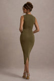 Jemma Khaki Bodycon Ruched Midi Dress