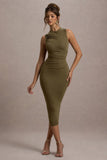 Jemma Khaki Bodycon Ruched Midi Dress