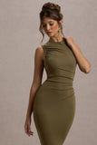 Jemma Khaki Bodycon Ruched Midi Dress